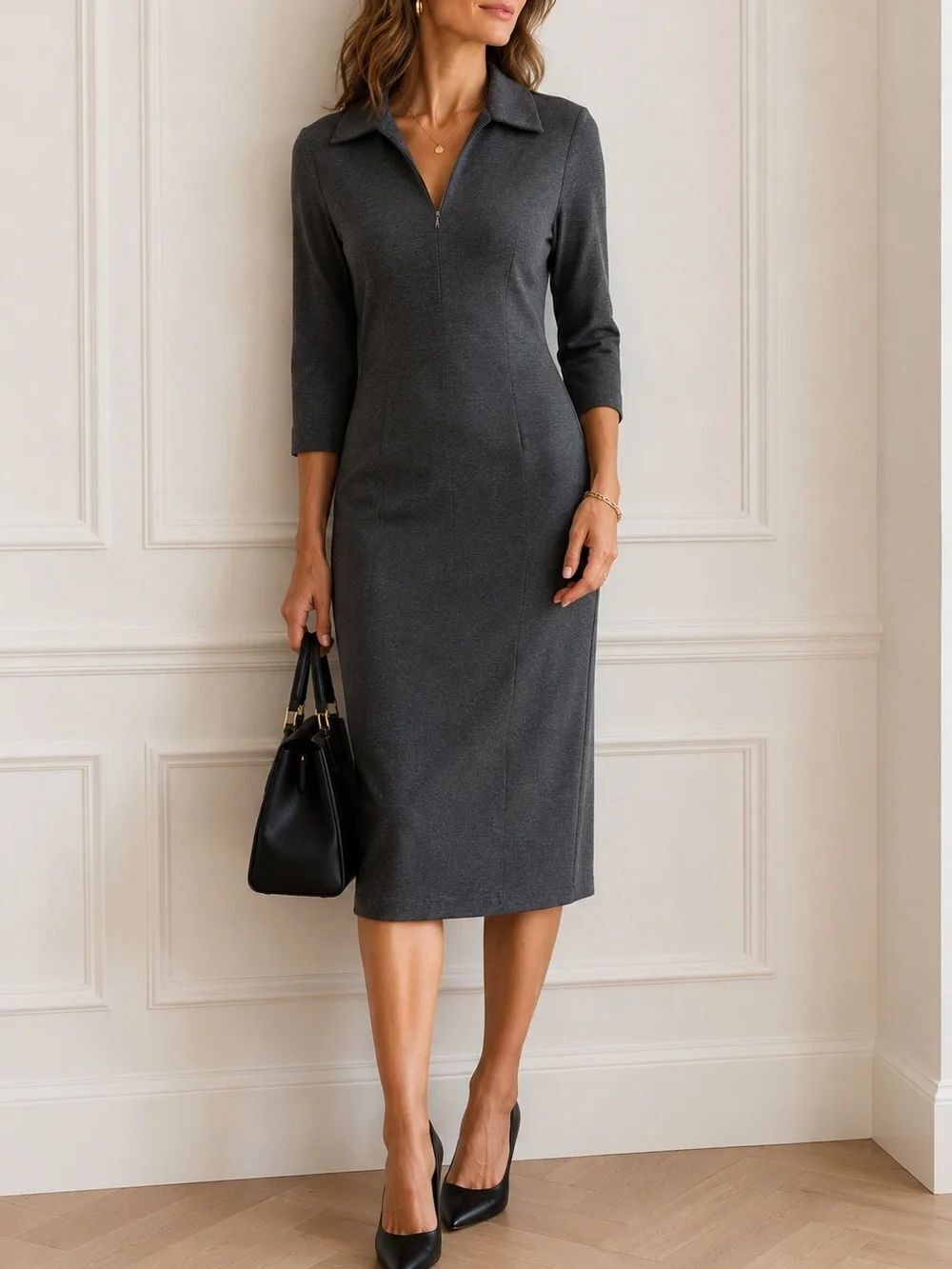 Peserico Gray Knit Sheath Dress IT 48 3/4 Sleeve Zip Collar Stretch Midi NWT